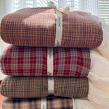 Yeknu  Korean-Style Red Plaid Washed Bedding Set - Vintage Lace Trim 4-Piece/3-Piece Dorm Sheet & Duvet Cover Set