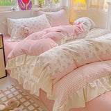 Yeknu  4pcs  Korean lace Duvet Cover Set (1*Duvet Cover + 2*Pillowcase, bed sheet), Pink checkered print Bedding Set