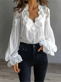 Yeknu  Summer Spring Lace Blouse Pleated Shirt Women Modis V-neck Sexy Puff Sleeve Ladies Blouses Elegant Woman Shirts New