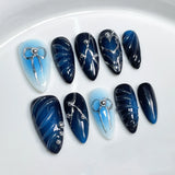 Yeknu 10Pcs Handmade Press on Nails Cat Eye Moon Decorations Aurora False Nails Short Almond Acrylic Wearable Manicure for Spice Girl