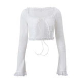 Yeknu  Women's Sexy Mini Skirt Two-piece Set Strappy Cardigan Top Ruffle Layered Mini Skirt White
