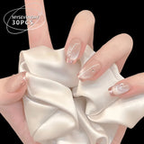 Yeknu  24pcs Phnom Penh Cat's Eye Press on Nail Gem Light Pink Artificial Fake Nails Seamless Removable False Nail