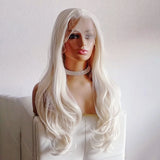 Yeknu  Long Curly Wavy Platinum Blonde Synthetic Hair Free Part Layered Natural Wave White Colored Heat Resistant Fiber Wigs for Women