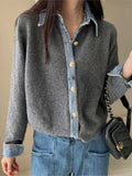 Yeknu  Knitted Autumn Cardigan Women Denim Patchwork Fashion Ladies Cardigans Korean Style Loose Casual Woman Sweater Coats