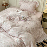 Yeknu  Korean Princess Style Ruffles Flower Print Bedding Set Duvet Cover Set Bed Skirt Bedspread Pillowcases 100% Cotton Home Textile