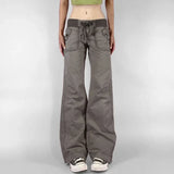 Yeknu  Retro Lace-up Low Rise Pants Streetwear Patchwork Loose Casual  for Women Harajuku Straight Trousers Korean Fashion