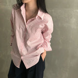 Yeknu  Spring Summer Pink Striped Print Shirt Tops Women Casual Loose Korean Style Pleated Ladies Blouses Modis Long Sleeve Woman Shirt