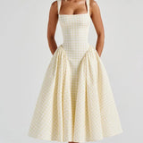 Yeknu  Jastie Lace Up Bandage Plaid Sling Dress Women Elegant Square Neck Low Waist A-line Midi Summer Dresses Holiday Party Robe