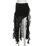 Yeknu  SylCue Mesh Patchwork Skirts Women Skinny Irregular Ruched Side Split Personality Niche Look Thinner Wild Street Style Bottoms
