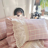 Yeknu Vintage French Plaid Lace Ruffles 100% Cotton Bedding Set Duvet Cover Set Bed Sheet/Bed Skirt/Fitted Sheet Pillowcases 4Pcs