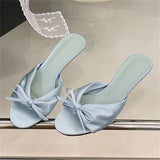 Yeknu  Fashion Butterfly-kont Pleated Thin Low Heels Women Slippers Summer Elegant Peep Toe Party Dress Shoes