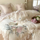 Yeknu  100% Cotton Floral Embroidery Bedding Set French Ruffle Lace Duvet Cover Set Elegant Rose Comforter Cover Bed Sheet Pillowcases