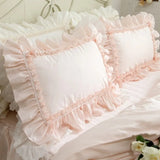 Yeknu Super Sweet Solid Color Bedding Sets Luxury Princess Wedding Pink Lace Ruffle Cotton Duvet Cover Bedspread Bed Skirt Pillowcases