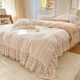 Yeknu  Premium 100% Cotton Bedding 4Pcs Set, Elegant Ins French Plaid Cotton Bed Skirt Bed Sheet Quilt Cover, Ruffle Edge Duvet Covers