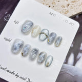 Yeknu  10Pcs Delicate Cat Eye False Nails White Crystal Acryli Nail Gold Glitter Press on Nails Sweet Short Almond Fake Nail for Girl