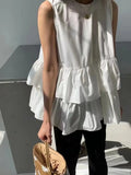 Yeknu  Summer Sleeveless Vests Tops Women Ruffle Patchwork Fashion Pleated Ladies Blouses Korean Style Loose Sweet Woman A-Line Tops