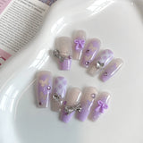 Yeknu  10PCS handmade coffin shaped nails, beautiful fake nails, violet grid gradient nail art, suitable for women to use