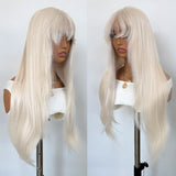 Yeknu  Platinum Blonde Layered Cut Wig with Bangs Long Silky Straight Lace Front Wigs for Women 13x4 Synthetic Hair Natural Hairline