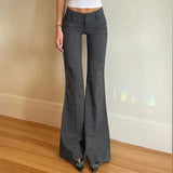 Yeknu  Grey Low Waisted Flared Pants Female Y2K High Street Retro Wide Leg Trousers Fashion Slim Pocket Office Lady Suit Pants