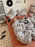 Yeknu Korean Style Ins Retro Fresh Floral Washed Cotton Bed Four Piece Duvet Set, Student Dormitory Bed Sheet Three Piece Set