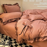 Ins Princess Style Ruffle Trim Duvet Cover Set - Washed Cotton Korean-Style Minimalist Sheet 4-Piece/3-Piece Bedding for Girls