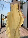 Yeknu  Yellow Backless Suspender Dress Female Summer Bohemian Seaside Holiday Beach Long Dress