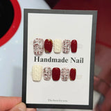 Yeknu  10pcs Pink Plaid Press on Nails Glitter Cat Eye Fake Nails Heart Pearl Stick on Nails 3D Embossed Nail Square French False Nail