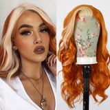 Yeknu  Ginger Orange with Blonde Highlights Wig Synthetic Lace Front Wig Long Wavy Hair Loose Body Wave 13X4 Frontal Wigs for Women