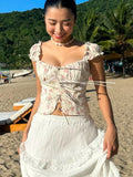 Yeknu  Summer Puff Sleeve French Floral Printed Shirts Elastic Back Sexy Crop Tops Slim Short Top