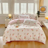 Yeknu  Cute Pink Strawberry Duvet Cover Flat Sheet Pillowcase Floral Bedding Set Girls Bed Linen Soft Thick Washed Cotton Bedclothes