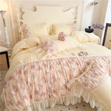 Yeknu  Flowers Lace Ruffles Princess Wedding Bedding Set Full Queen King Duvet Cover Bed Skirt/Bed Sheet/Fitted Sheet Pillowcases 4Pcs