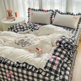 Yeknu Peter Garden Rabbit Bedding Set Double Layer Lace Plaid Duvet Cover Set Bed Sheets Set Pillowcase Single Double Queen Size Decor