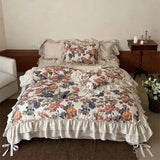 Yeknu  Vintage Oil Painting Floral Cotton Linen Bedding Set Double Layer Lace Ruffles Duvet Cover Set Bed Sheet Pillowcase