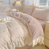 Yeknu  4pcs  Korean lace Duvet Cover Set (1*Duvet Cover + 2*Pillowcase, bed sheet), Pink checkered print Bedding Set