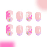 Yeknu  24Pcs Short Almond Press-On Nails Pink Floral French Tip Glossy&Elegant Full Cover Fake Nails for Women&Girls Spring,Daily Wear