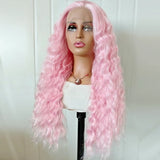 Yeknu  Light Pink Wig Deep Curly Synthetic Lace Front Wig Glueless Frontal Pastel Long Pink Hair Lace Wigs for Women Party Cosplay