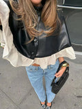 Yeknu  Elegant Mesh Patchwork Short Cape Coats Women Small Stand Collar Single Button Ruffle Hem Cloak Jacket Autumn Ladies Coat