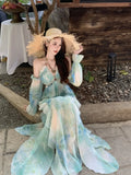 Yeknu  Seaside Holiday Irregular Sling Beach Long Dress Smudge Design Print Dresses Off-shoulder Sexy Dress Women Summer Vestidos