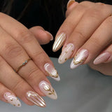 Yeknu 24Pcs Cat's Eye Design Fake Nail with Pearl Short Round Head Press on False Nails Silver French Bow Pattern Full Cover Nail Tips