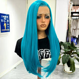 Yeknu  Long Lake Blue Straight Wig for Women Synthetic Hair Free Part Lace Front Wig Heat Resistant Fiber Wigs for Daily Party Cosplay
