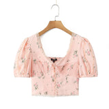 Yeknu  Summer Puff Sleeve French Floral Printed Shirts Elastic Back Sexy Crop Tops Slim Short Top