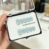 Yeknu  10Pcs Handmade Light Blue Cat Eye Press On Nails Short Square False Nails With Blue Rhinestones Reusable Fake Nail for Women