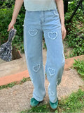 Yeknu  Jeans Spring Pant Women Love Embroidery Fringe Fashion Ladies Trousers Korean Style Loose Pleated Wide Leg Woman Long Pants