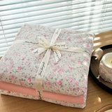 Yeknu Ins floral print Bedding set knitted cotton Flat sheet set Four pieces duvet cover double layer-yarn 4Pcs lovely Fitted sheet