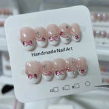 Yeknu 10Pcs Handmade Press On Nails Short Oval Glitter French Fake Nails Full Cover Pink 3D Bow Diamond  Design Wearable Nail Tips Art