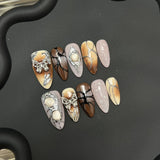 Yeknu  10pcs Handmade Almond Press on Nails Autumn Retro Brown Fake Nails Wearable Silver Butterfly Baroque Design Wearable False Nails
