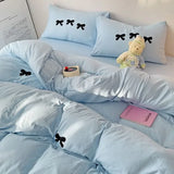 Yeknu Girls Pink Bedding Set with Bow Korean Breathable Duvet Cover No Filler Flat Sheet Pillowcases Mix Color Comforter Cover Set