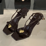 Yeknu  Summer Fashion Open Toe Sandals Women Metal Buckle Narrow Band Thin Low Heel Gladiator Party Shoes