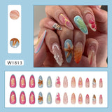 Yeknu  24Pcs 3D Blue Starfish Press on Nails Shell Wave Pattern Fake Nail Short Almond Full Coverage Nail Tip for Women&Girl False Nail