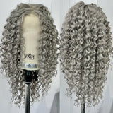 Yeknu  Long Silver Grey Curly Wig for Women Synthetic Free Part Loose Curly Gray Afro Kinky Curly Heat Resistant Fiber Wigs for Women